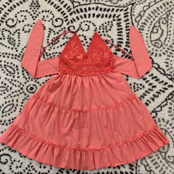 Boho Summer Sexy Strappy Lace Pink Mini Dress - Picture 4 of 6